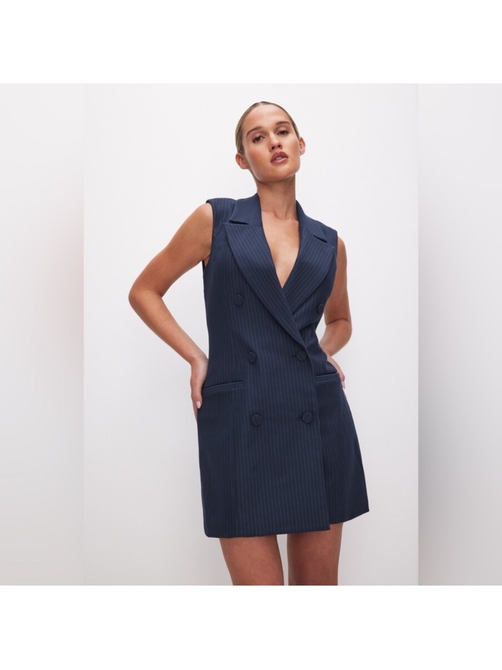 Good American Sleeveless Navy Pinstripe Double-Breasted Dress